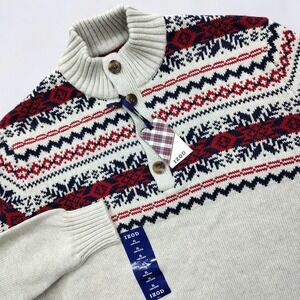 NEW Izod Sweater Mens XL Off White Knit Fair Isle 1/4 Button Pullover Dad Preppy